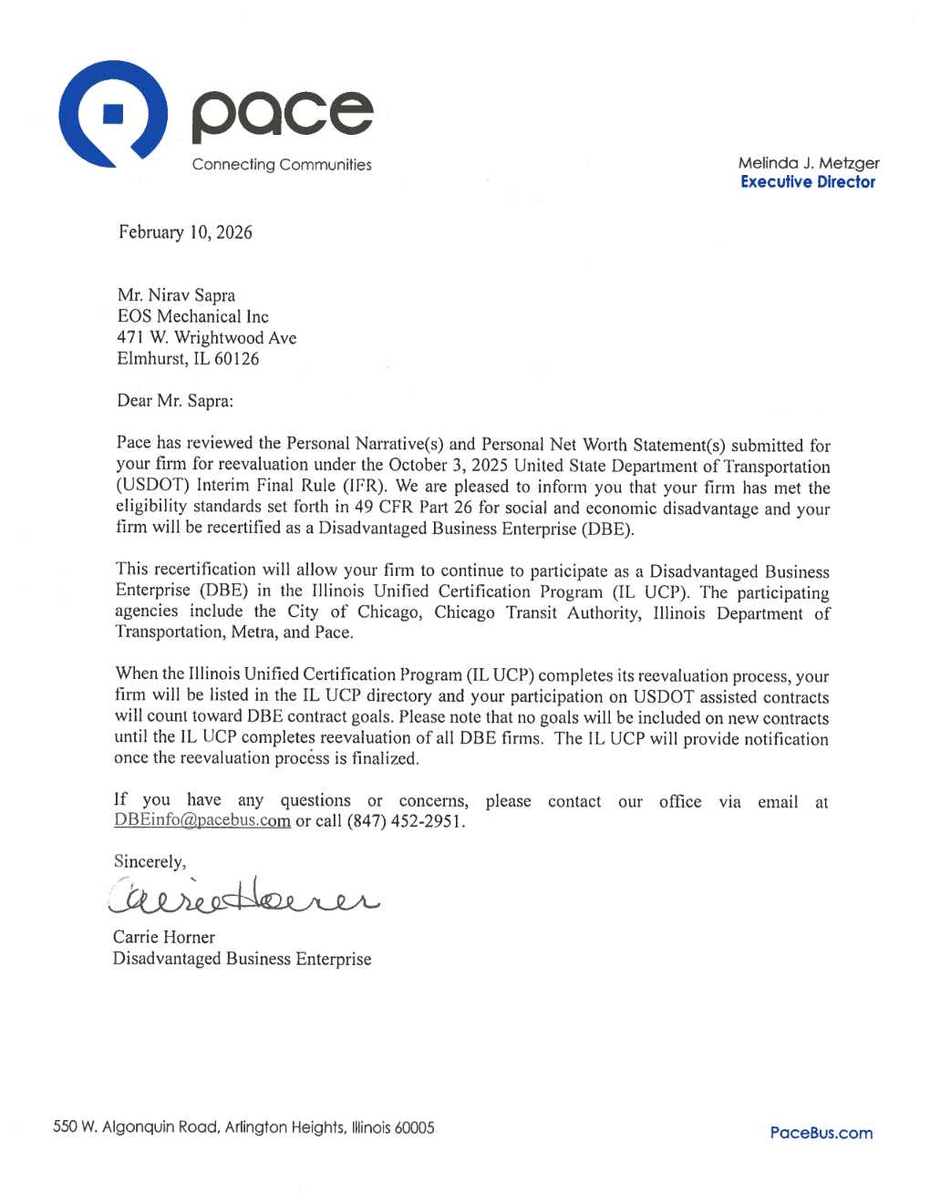 DBE Disadvantaged Business Enterprise recertification letter from Pace