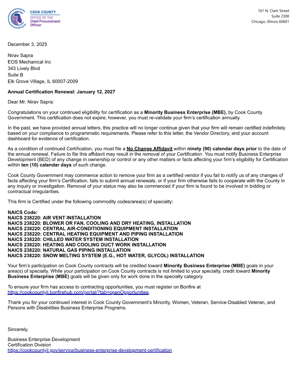MBE Minority Business Enterprise certification letter from Cook County