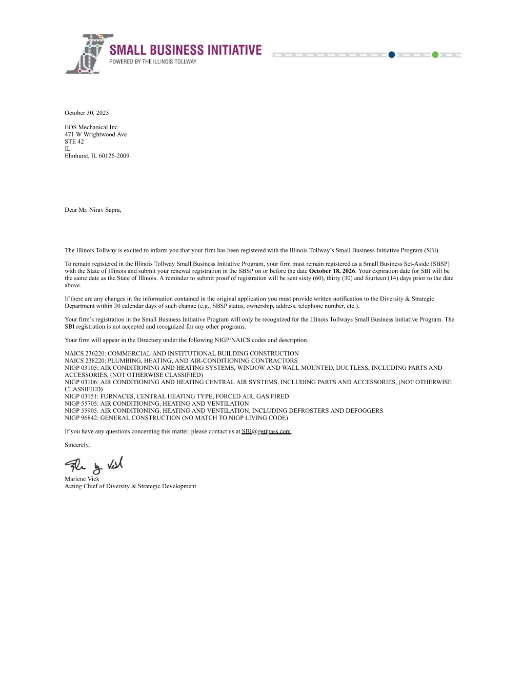 Small Business Initiative registration letter from Illinois Tollway