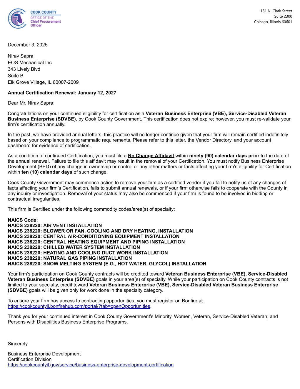 VBE and SDVOSB certification letter from Cook County